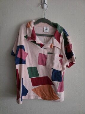 Wynken Kids Pink Geometric Terry Polo Shirt 4t Oversize